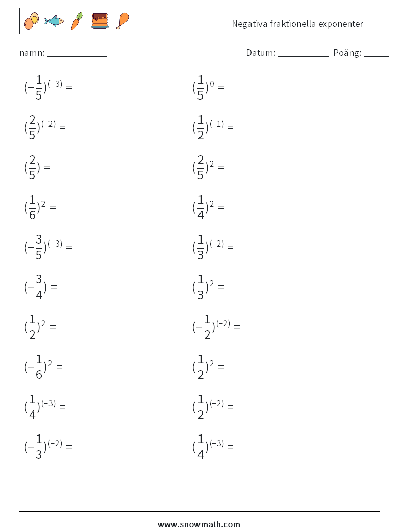 Negativa fraktionella exponenter Matematiska arbetsblad 5