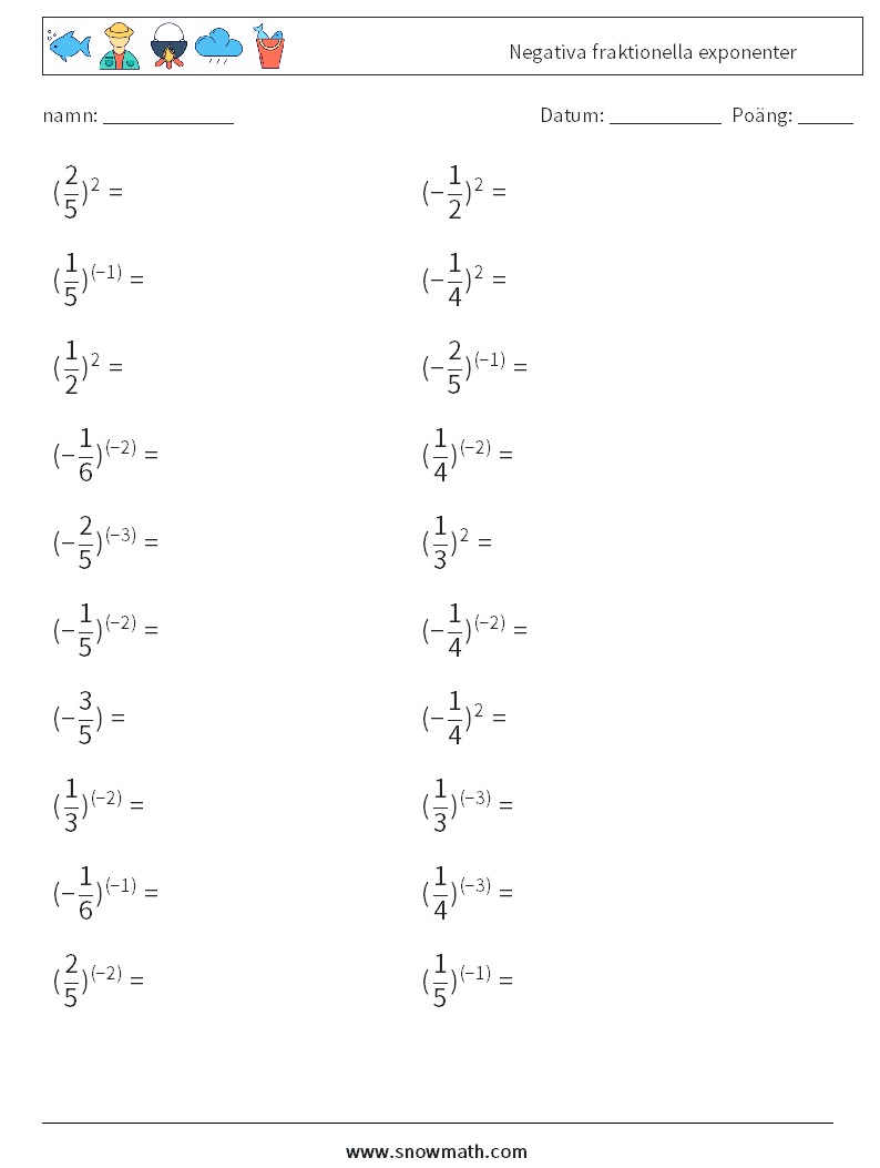 Negativa fraktionella exponenter Matematiska arbetsblad 6