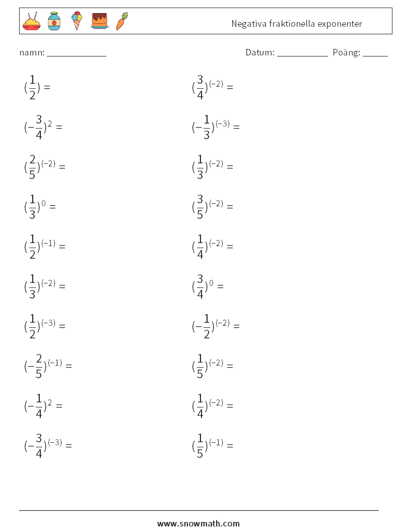 Negativa fraktionella exponenter Matematiska arbetsblad 7