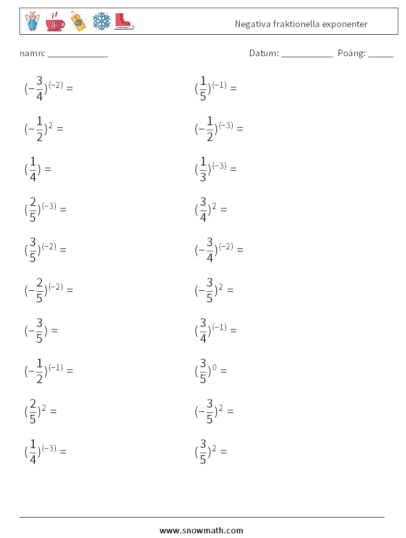 Negativa fraktionella exponenter Matematiska arbetsblad 8