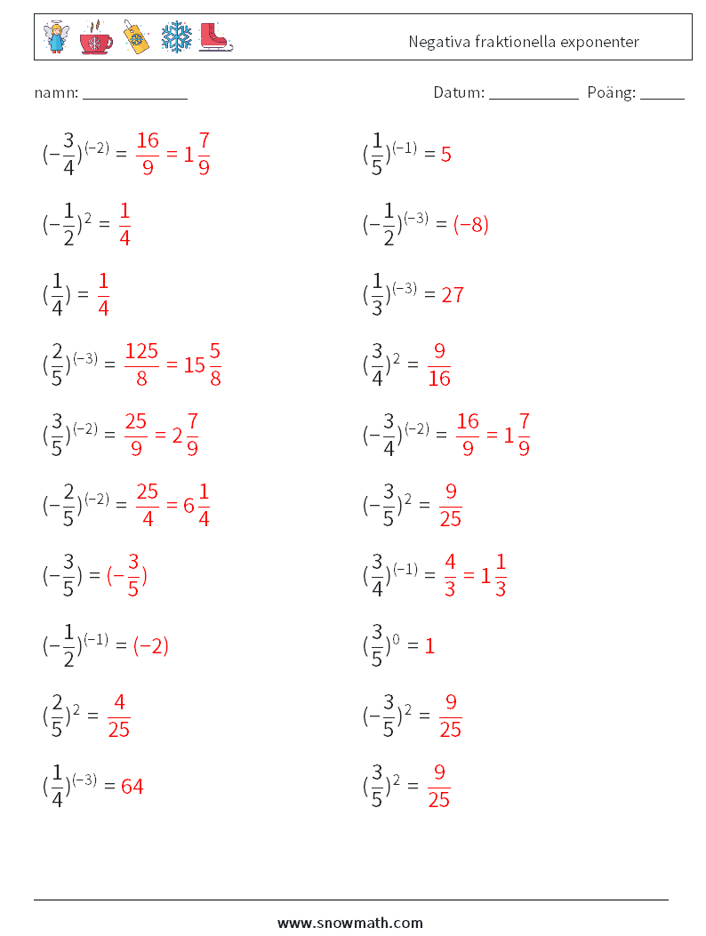 Negativa fraktionella exponenter Matematiska arbetsblad 8 Fråga, svar