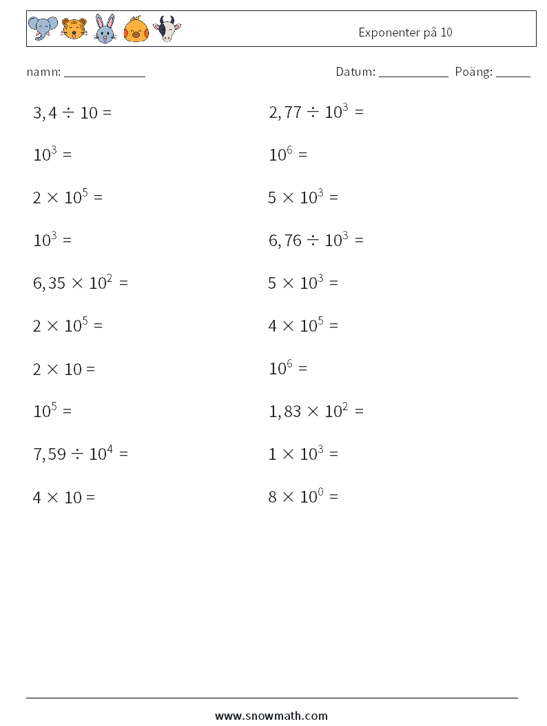 Exponenter på 10 Matematiska arbetsblad 1