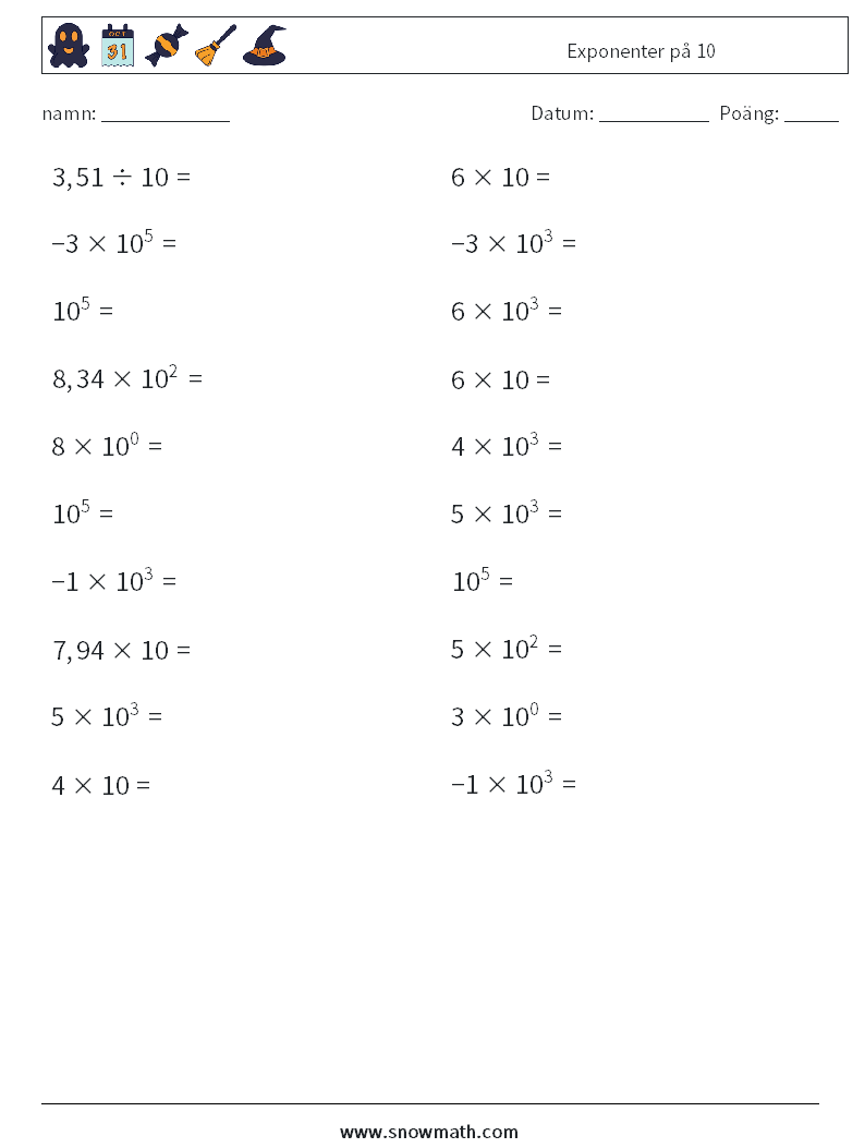 Exponenter på 10 Matematiska arbetsblad 5