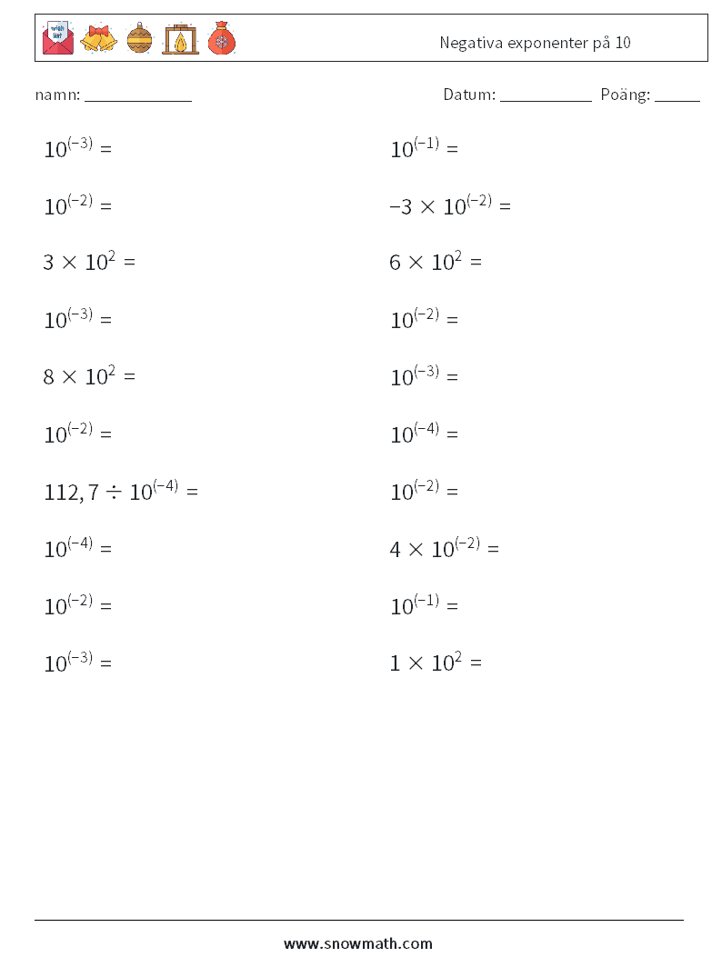 Negativa exponenter på 10 Matematiska arbetsblad 1