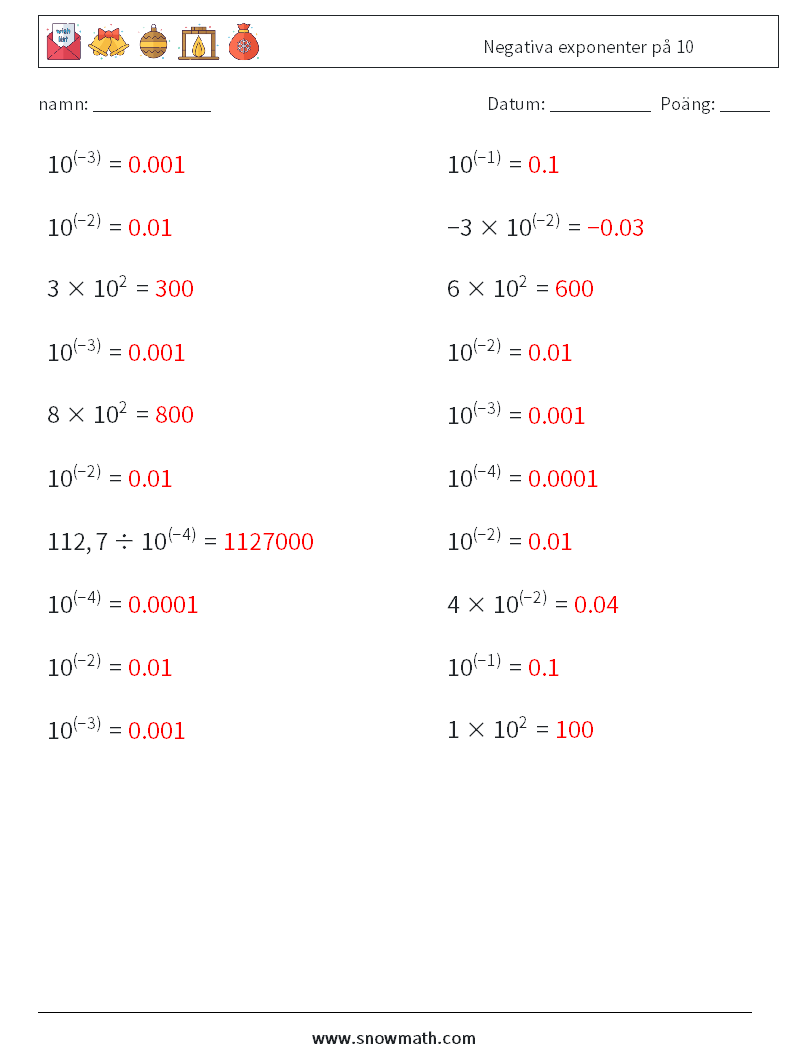 Negativa exponenter på 10 Matematiska arbetsblad 1 Fråga, svar