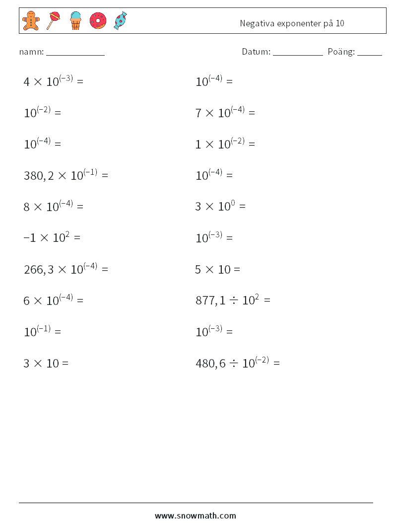 Negativa exponenter på 10 Matematiska arbetsblad 2