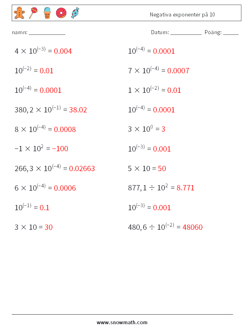 Negativa exponenter på 10 Matematiska arbetsblad 2 Fråga, svar