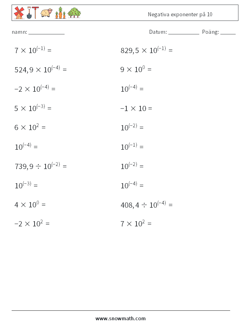 Negativa exponenter på 10 Matematiska arbetsblad 3