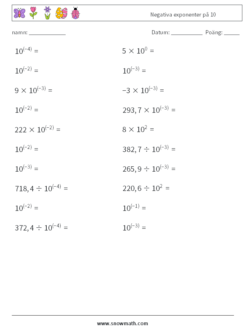Negativa exponenter på 10 Matematiska arbetsblad 4