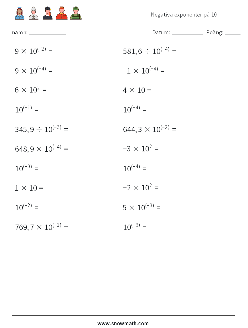 Negativa exponenter på 10 Matematiska arbetsblad 6