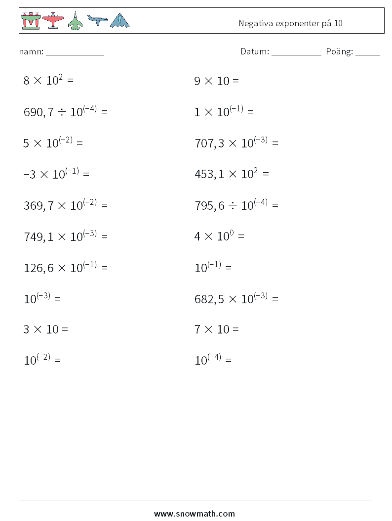 Negativa exponenter på 10 Matematiska arbetsblad 7