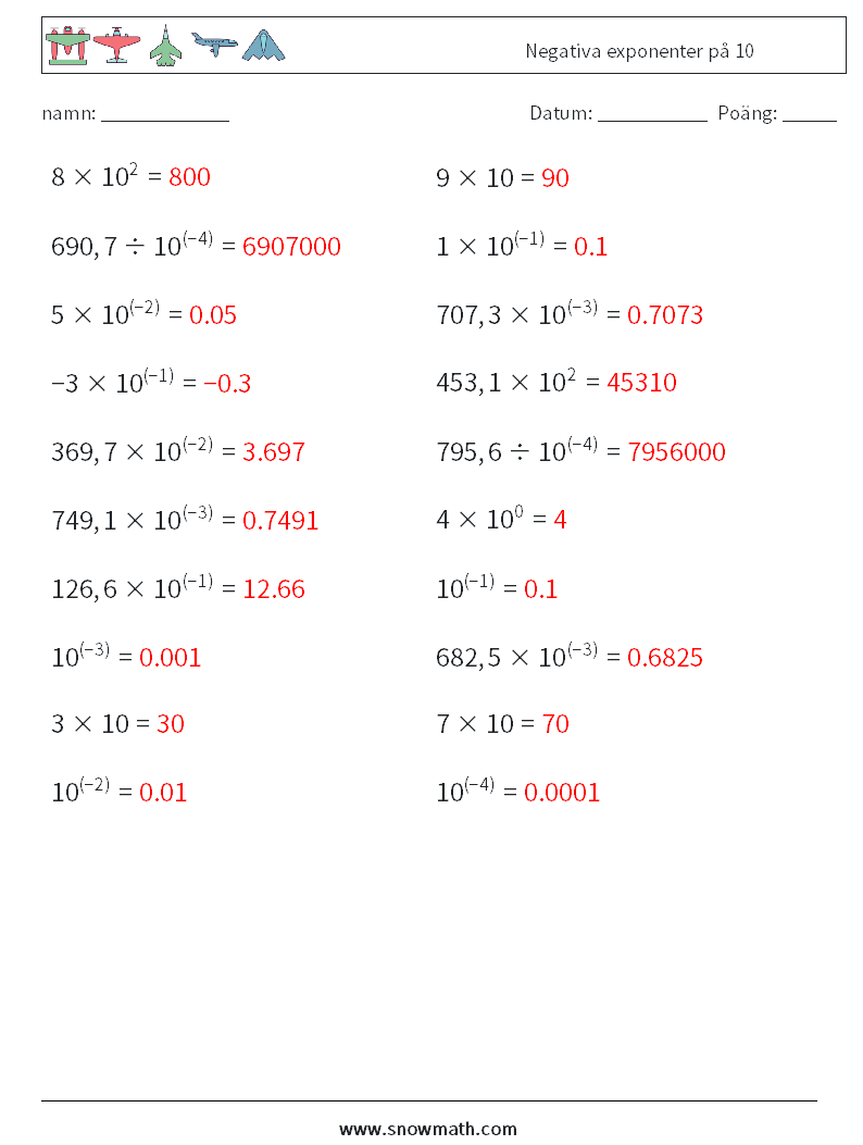 Negativa exponenter på 10 Matematiska arbetsblad 7 Fråga, svar