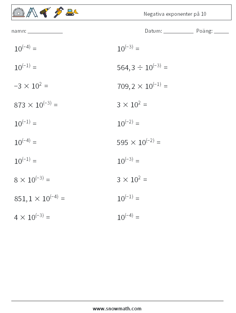 Negativa exponenter på 10 Matematiska arbetsblad 8
