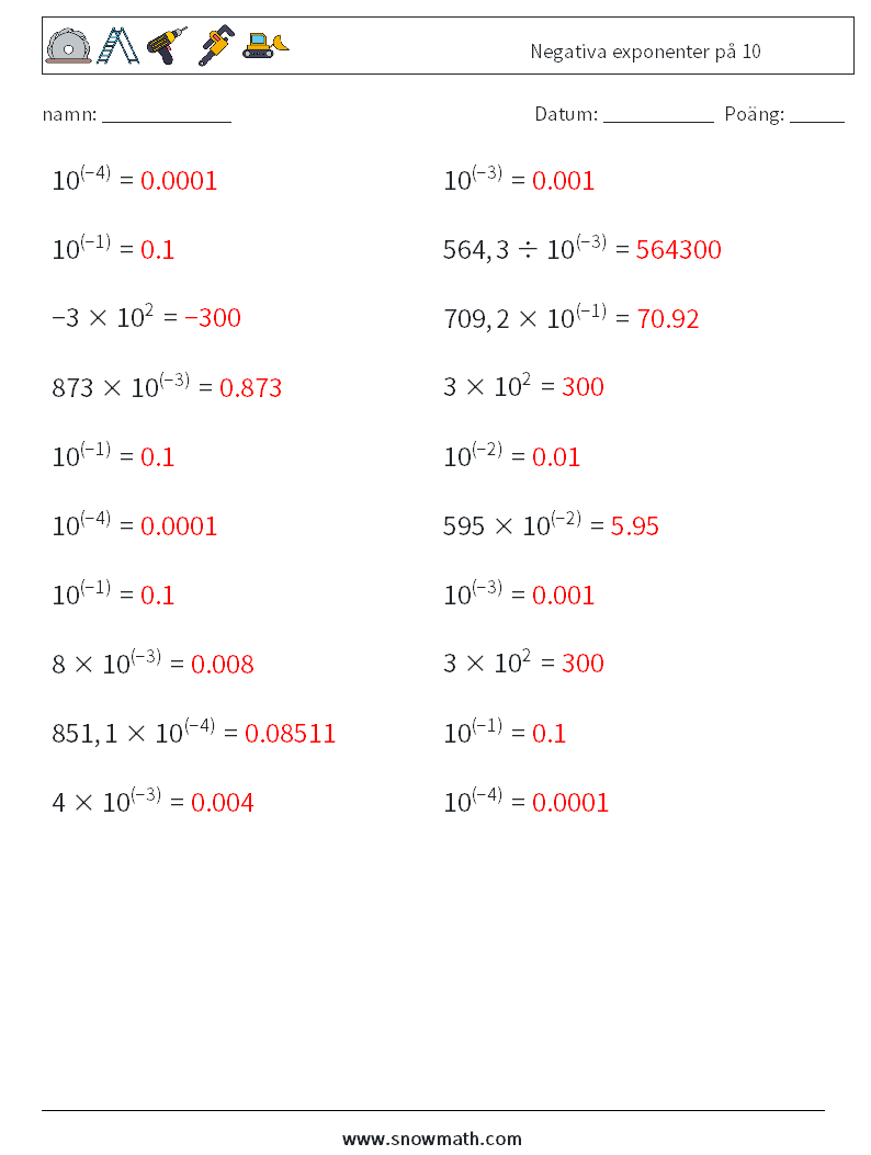 Negativa exponenter på 10 Matematiska arbetsblad 8 Fråga, svar