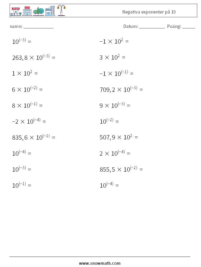 Negativa exponenter på 10 Matematiska arbetsblad 9