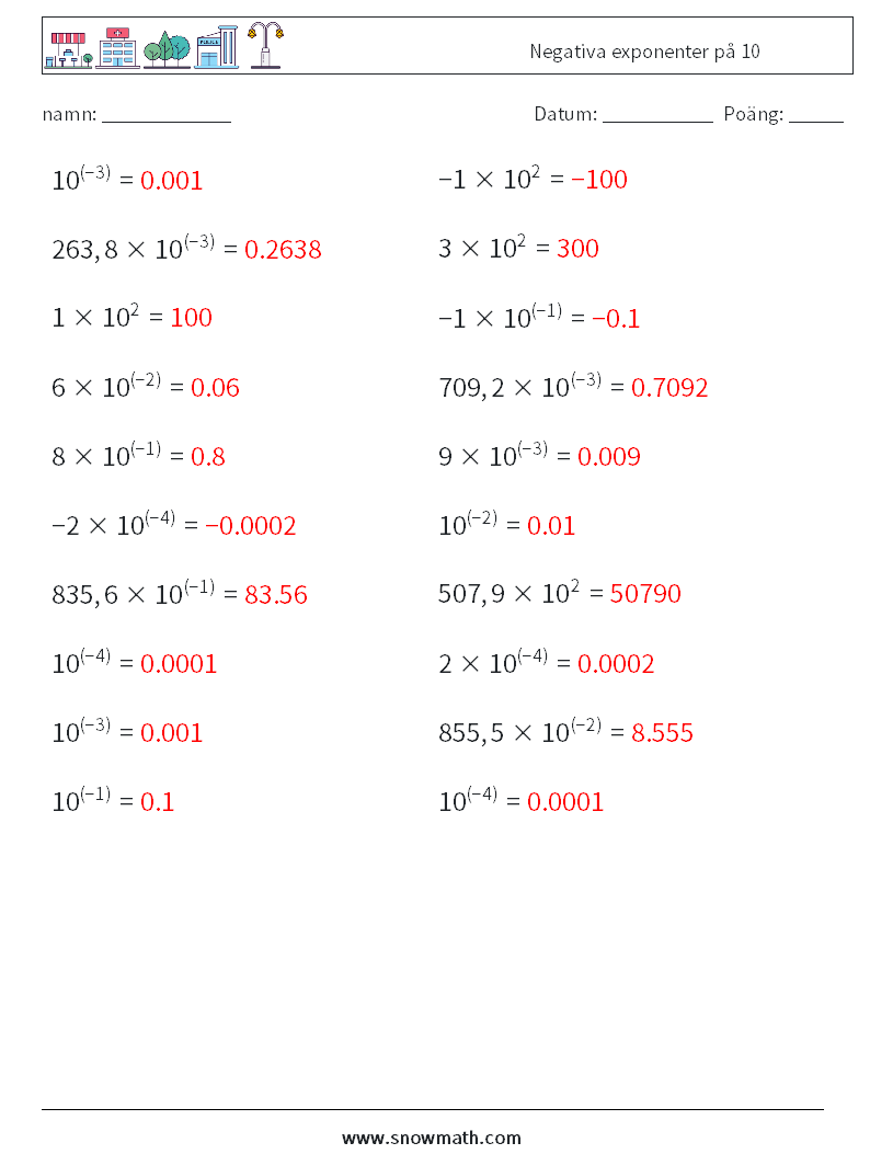 Negativa exponenter på 10 Matematiska arbetsblad 9 Fråga, svar