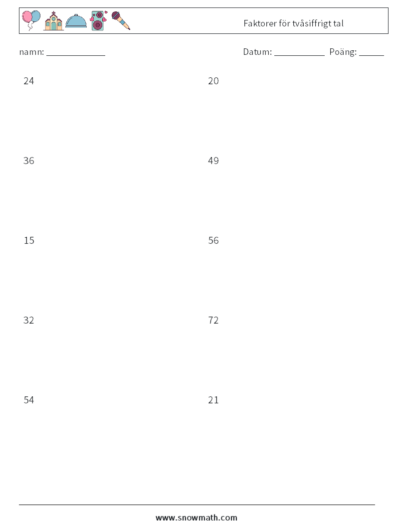 Faktorer för tvåsiffrigt tal Matematiska arbetsblad 3