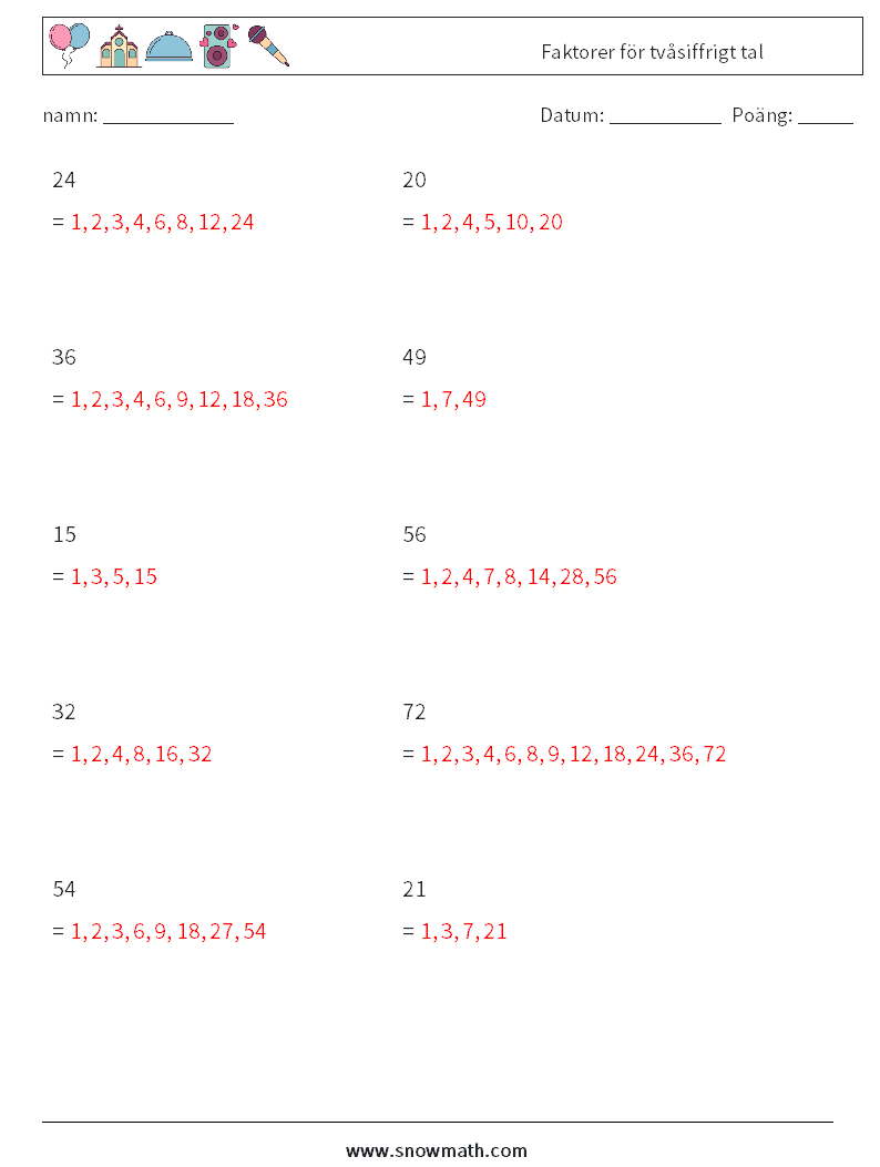 Faktorer för tvåsiffrigt tal Matematiska arbetsblad 3 Fråga, svar