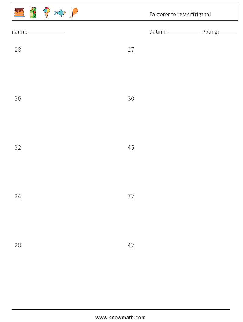 Faktorer för tvåsiffrigt tal Matematiska arbetsblad 7