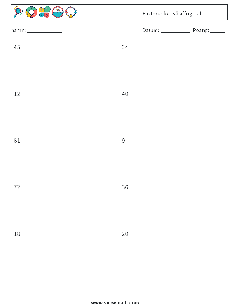 Faktorer för tvåsiffrigt tal Matematiska arbetsblad 8