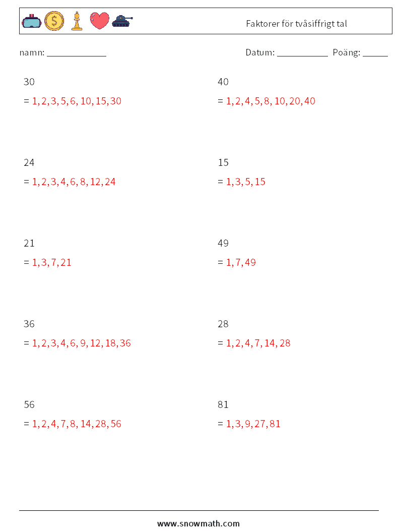 Faktorer för tvåsiffrigt tal Matematiska arbetsblad 9 Fråga, svar