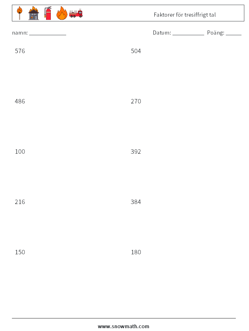 Faktorer för tresiffrigt tal Matematiska arbetsblad 2