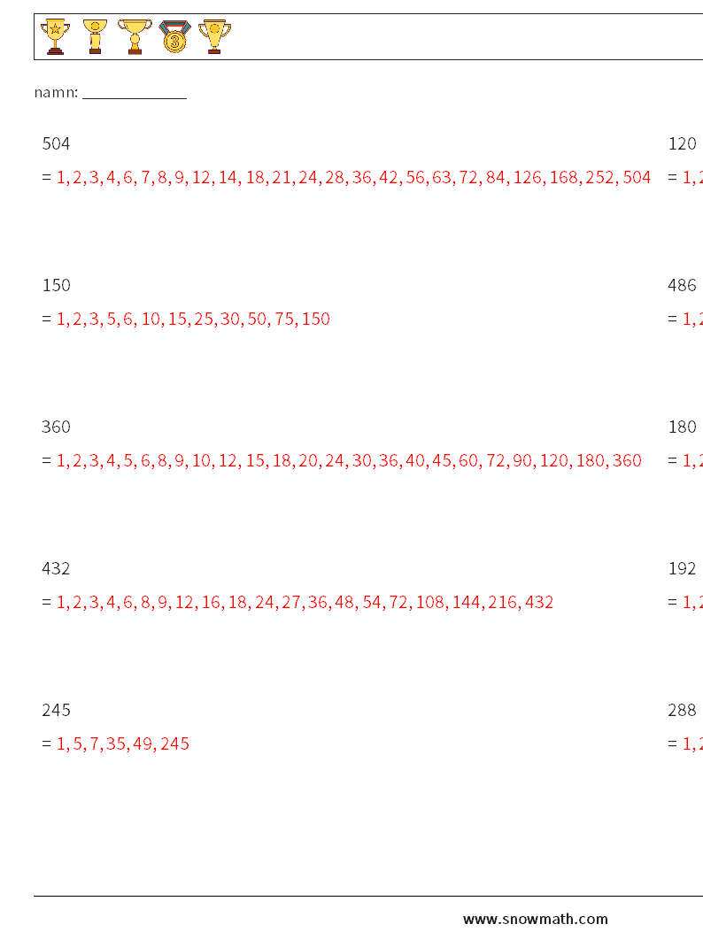 Faktorer för tresiffrigt tal Matematiska arbetsblad 4 Fråga, svar