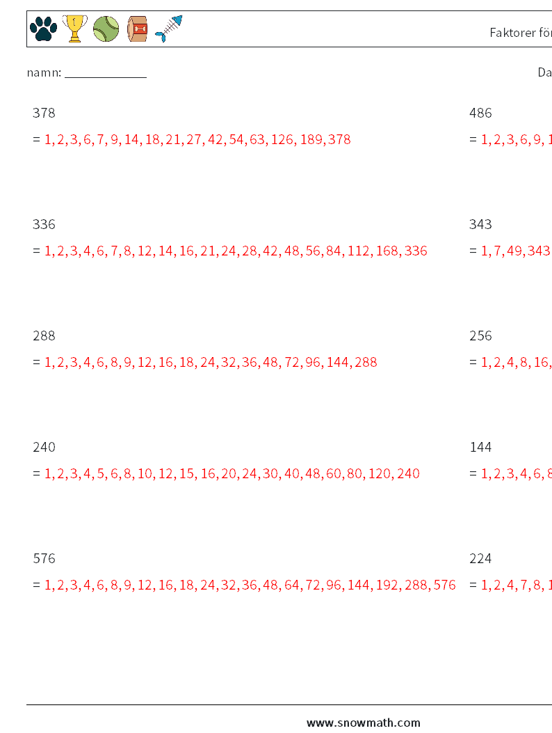 Faktorer för tresiffrigt tal Matematiska arbetsblad 5 Fråga, svar