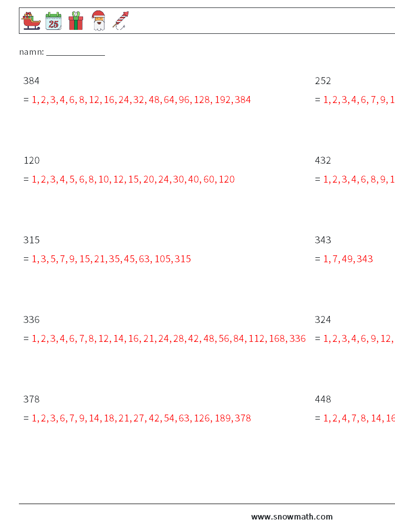 Faktorer för tresiffrigt tal Matematiska arbetsblad 7 Fråga, svar