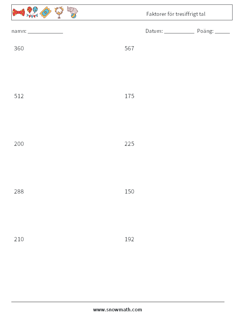Faktorer för tresiffrigt tal Matematiska arbetsblad 8