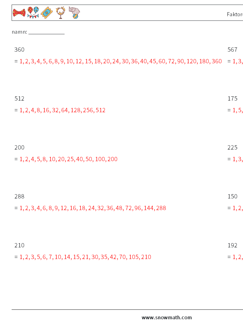 Faktorer för tresiffrigt tal Matematiska arbetsblad 8 Fråga, svar