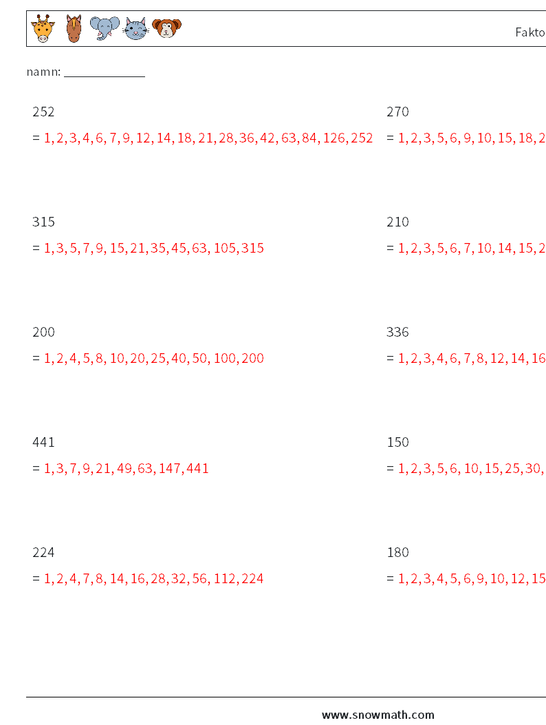 Faktorer för tresiffrigt tal Matematiska arbetsblad 9 Fråga, svar