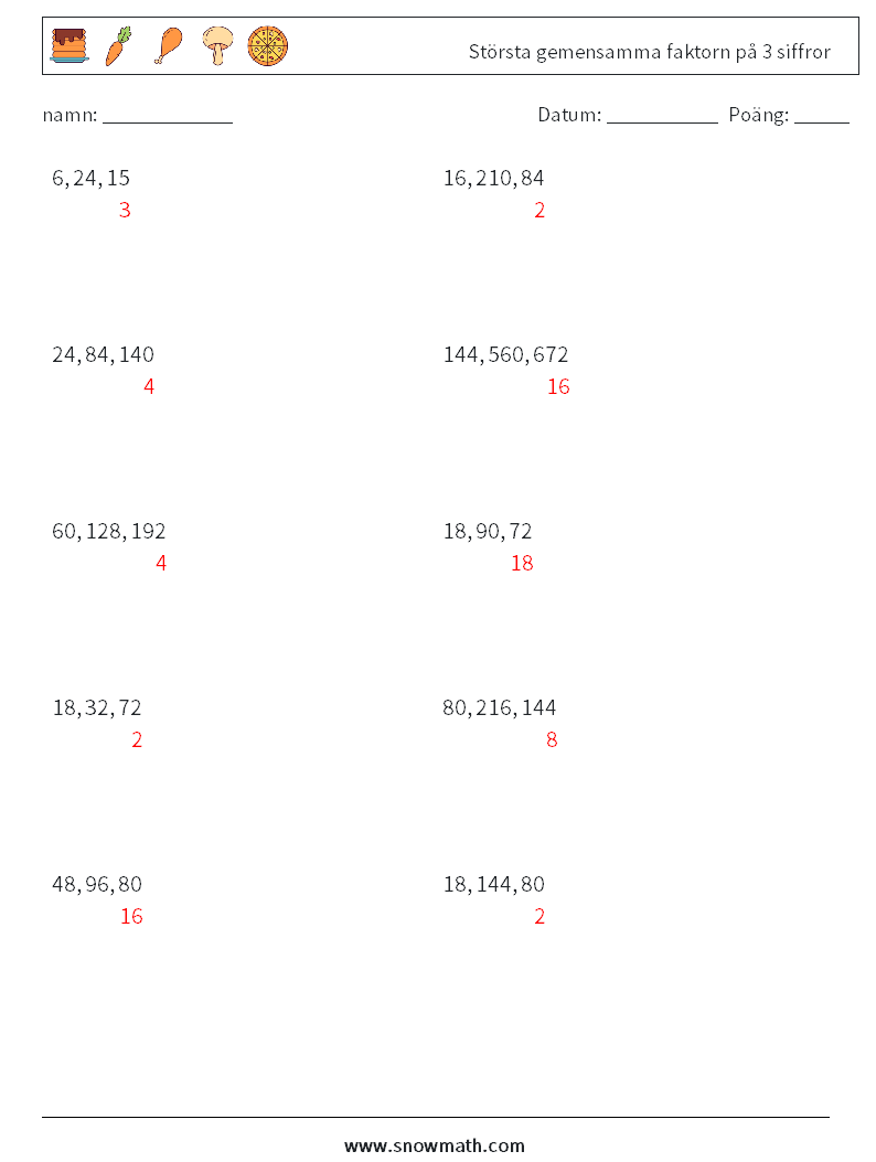 Största gemensamma faktorn på 3 siffror Matematiska arbetsblad 1 Fråga, svar