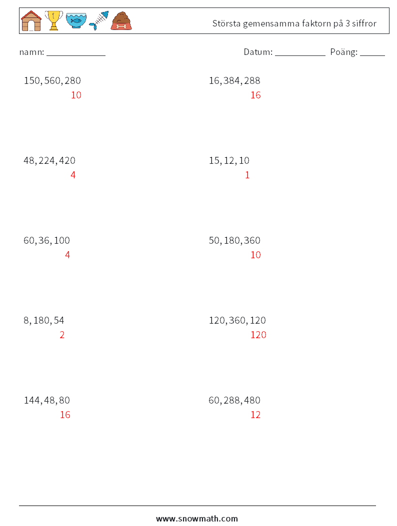 Största gemensamma faktorn på 3 siffror Matematiska arbetsblad 2 Fråga, svar