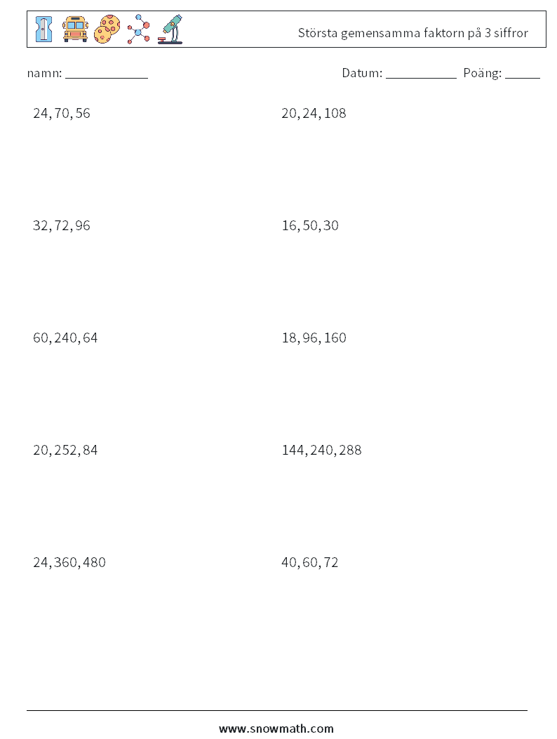 Största gemensamma faktorn på 3 siffror Matematiska arbetsblad 4