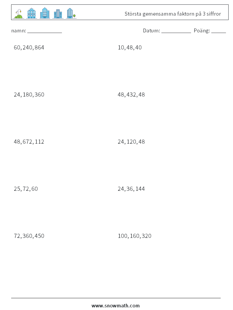 Största gemensamma faktorn på 3 siffror Matematiska arbetsblad 5