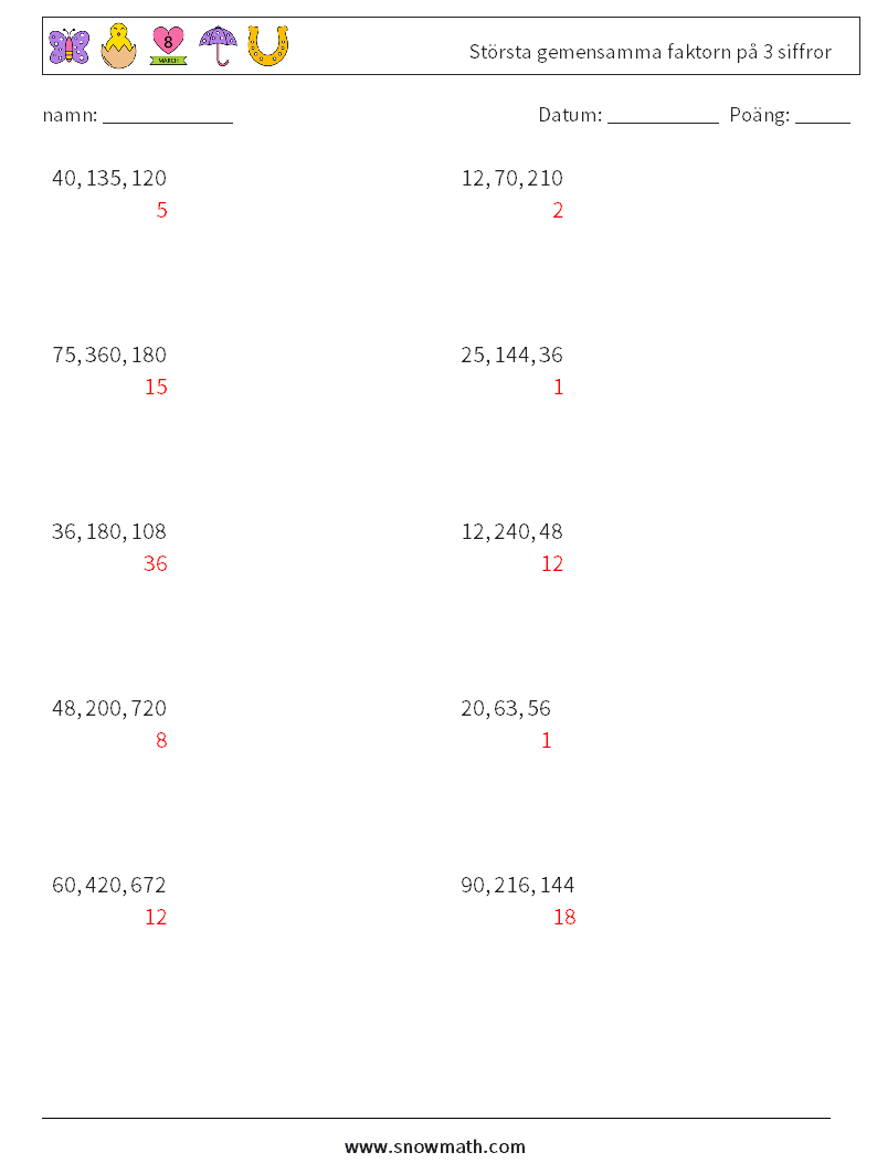 Största gemensamma faktorn på 3 siffror Matematiska arbetsblad 6 Fråga, svar