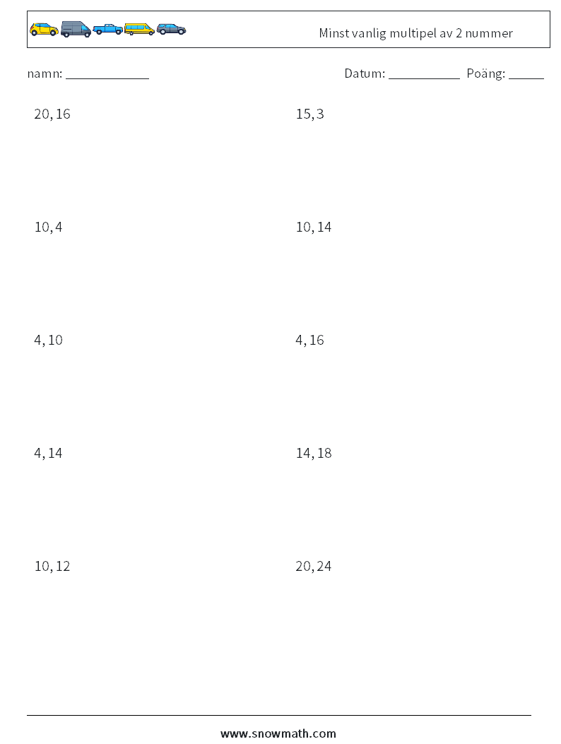 Minst vanlig multipel av 2 nummer Matematiska arbetsblad 1