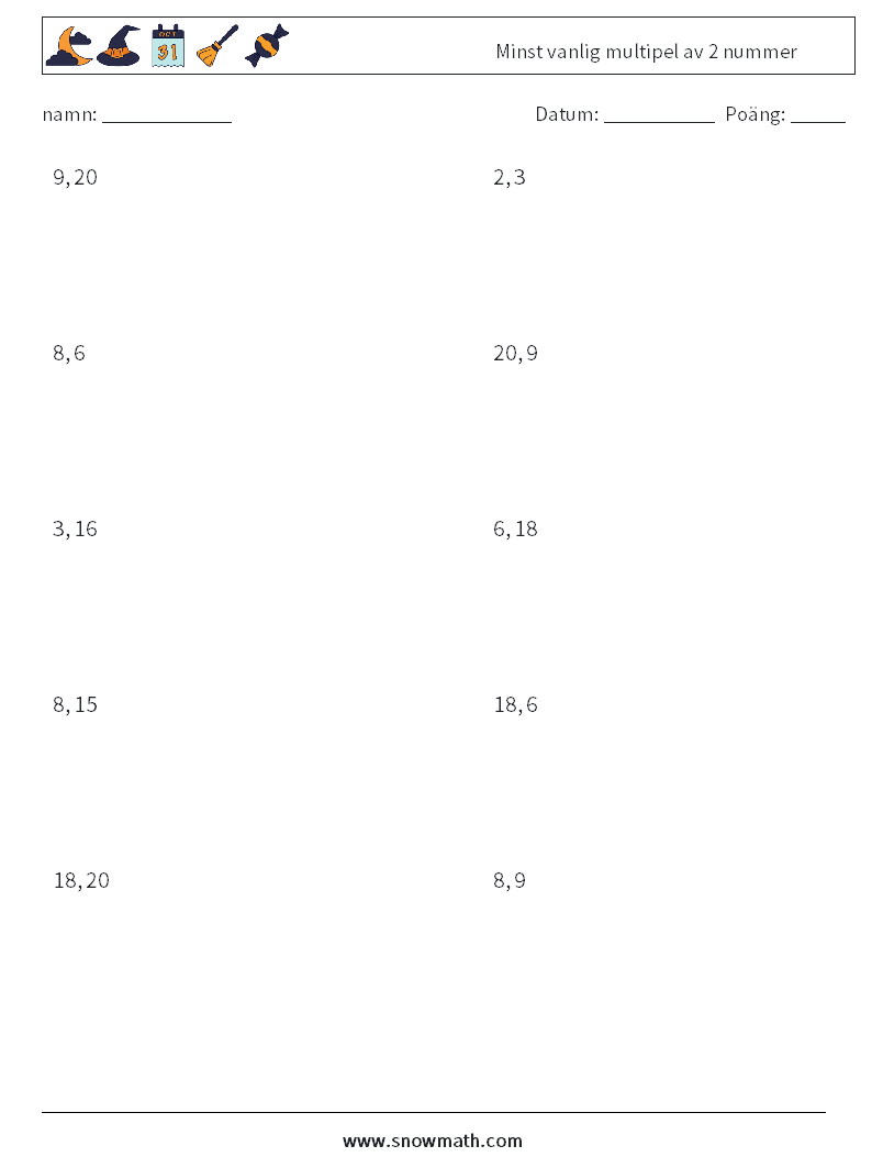 Minst vanlig multipel av 2 nummer Matematiska arbetsblad 3