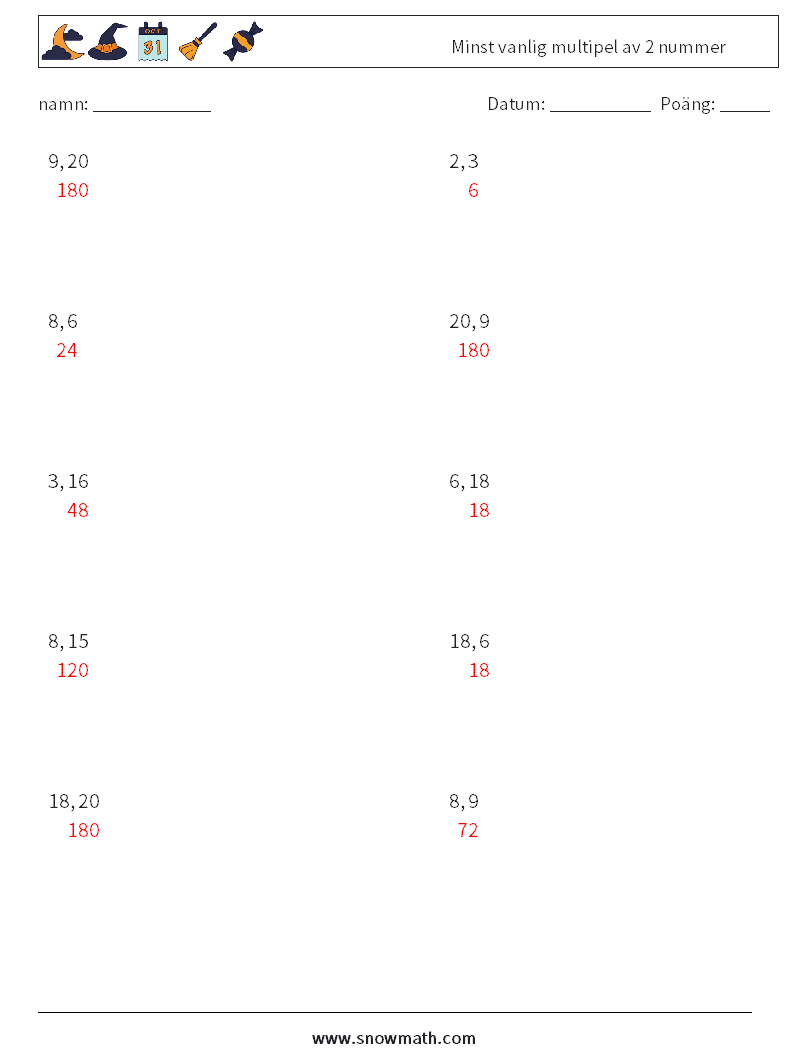 Minst vanlig multipel av 2 nummer Matematiska arbetsblad 3 Fråga, svar