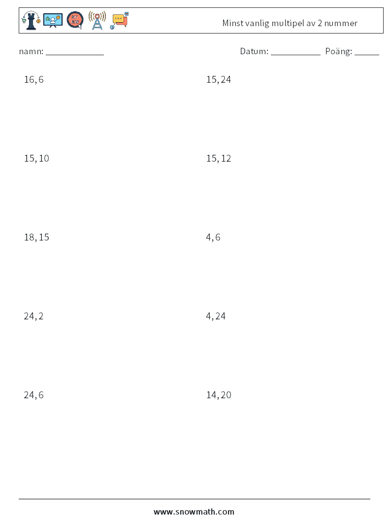 Minst vanlig multipel av 2 nummer Matematiska arbetsblad 4
