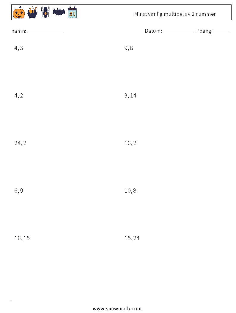 Minst vanlig multipel av 2 nummer Matematiska arbetsblad 5