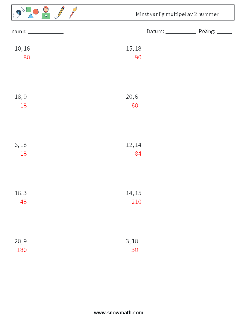 Minst vanlig multipel av 2 nummer Matematiska arbetsblad 6 Fråga, svar