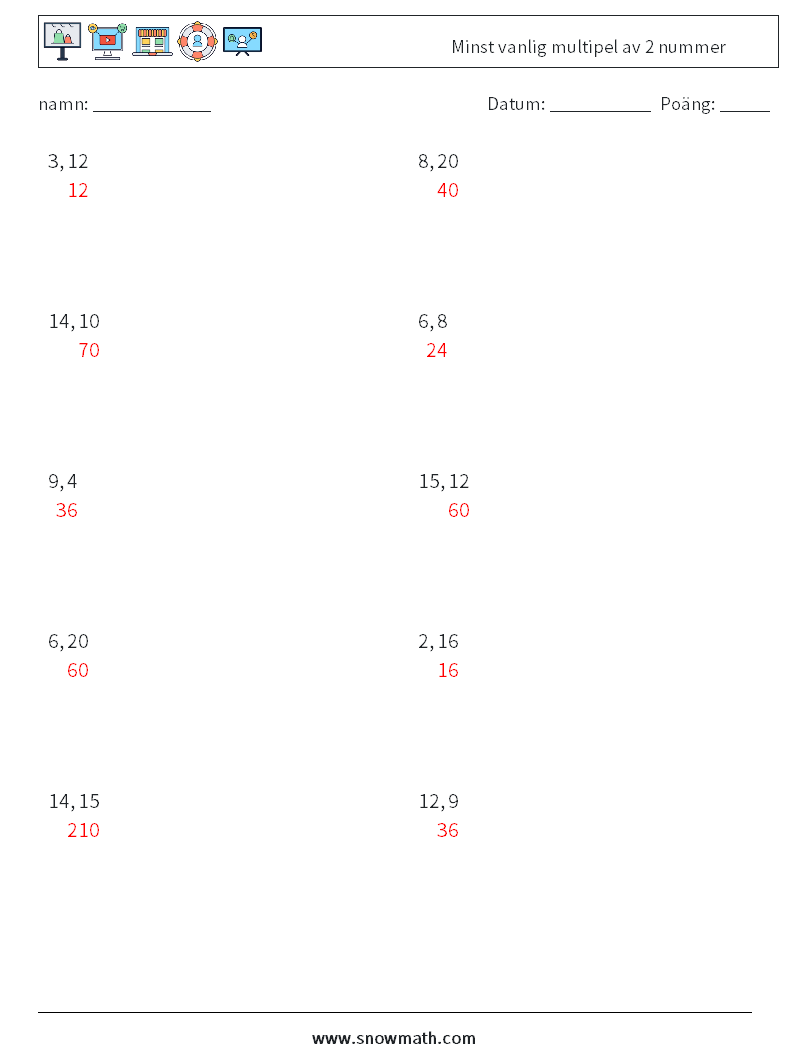 Minst vanlig multipel av 2 nummer Matematiska arbetsblad 7 Fråga, svar