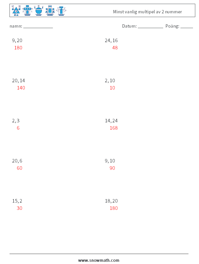 Minst vanlig multipel av 2 nummer Matematiska arbetsblad 8 Fråga, svar