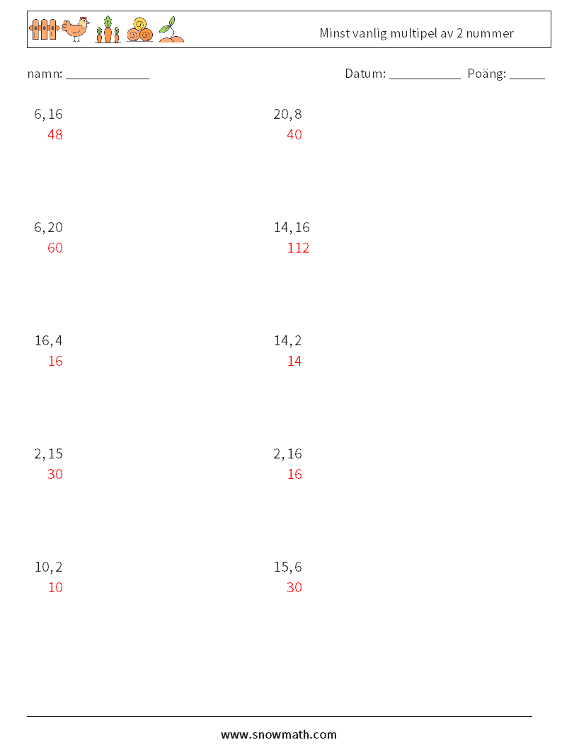 Minst vanlig multipel av 2 nummer Matematiska arbetsblad 9 Fråga, svar