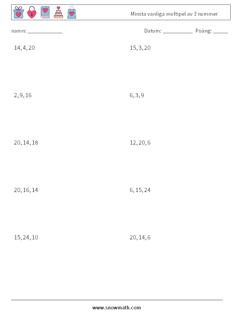 Minsta vanliga multipel av 3 nummer Matematiska arbetsblad 1