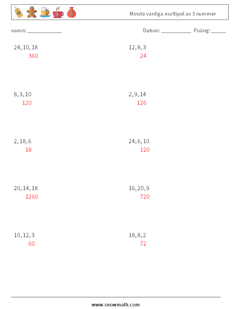 Minsta vanliga multipel av 3 nummer Matematiska arbetsblad 2 Fråga, svar