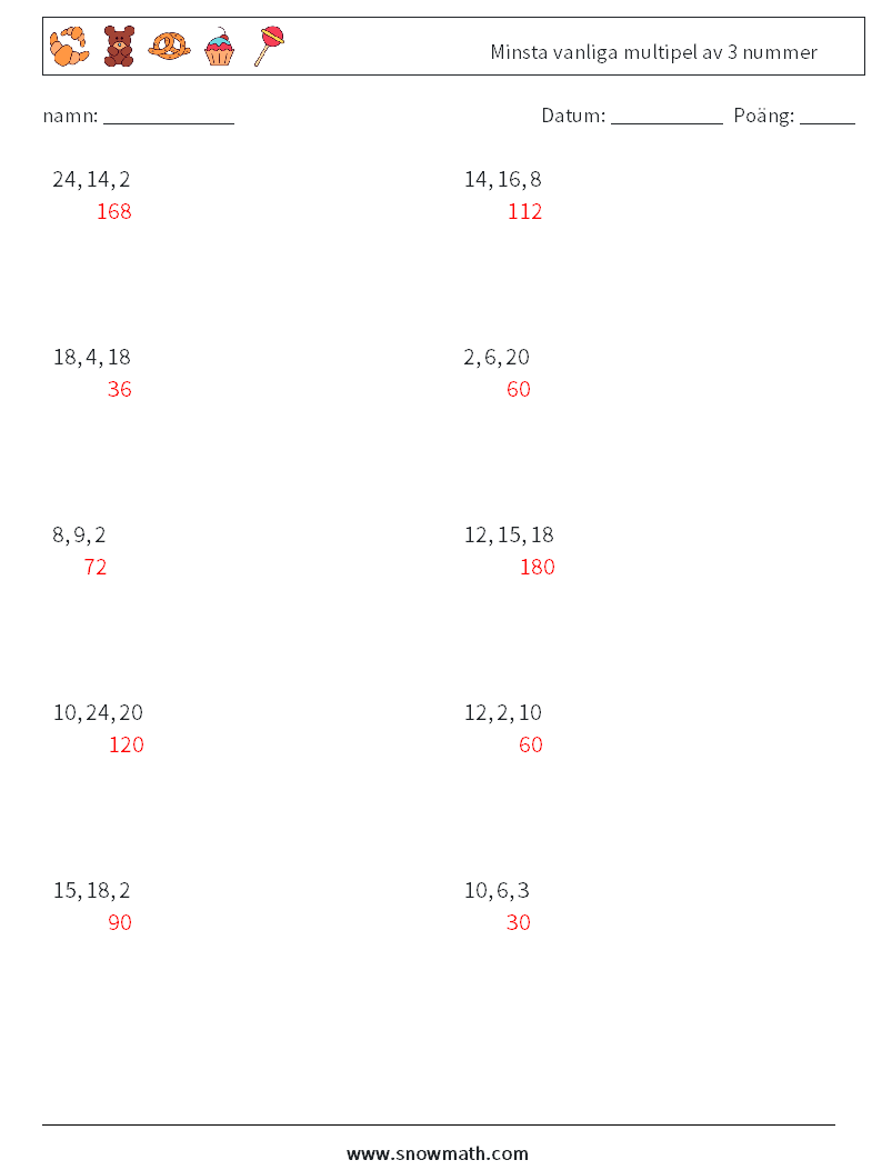 Minsta vanliga multipel av 3 nummer Matematiska arbetsblad 3 Fråga, svar