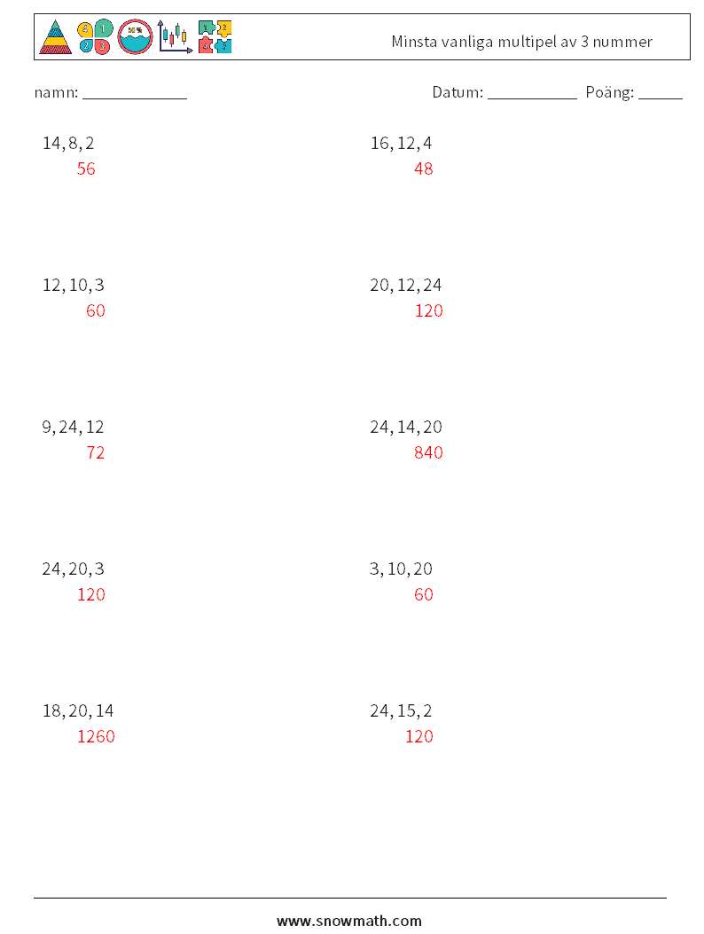 Minsta vanliga multipel av 3 nummer Matematiska arbetsblad 4 Fråga, svar